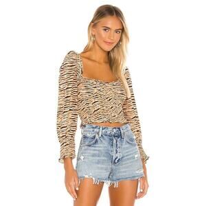 Faithfull The Brand Willow Smocked Crepe Blouse Animal Print Neutral Size US 2